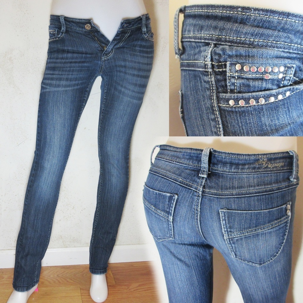 Y2K Papaya Low Rise Skinny Jeans Blue Denim Womens S Studded Streetwear Rocker